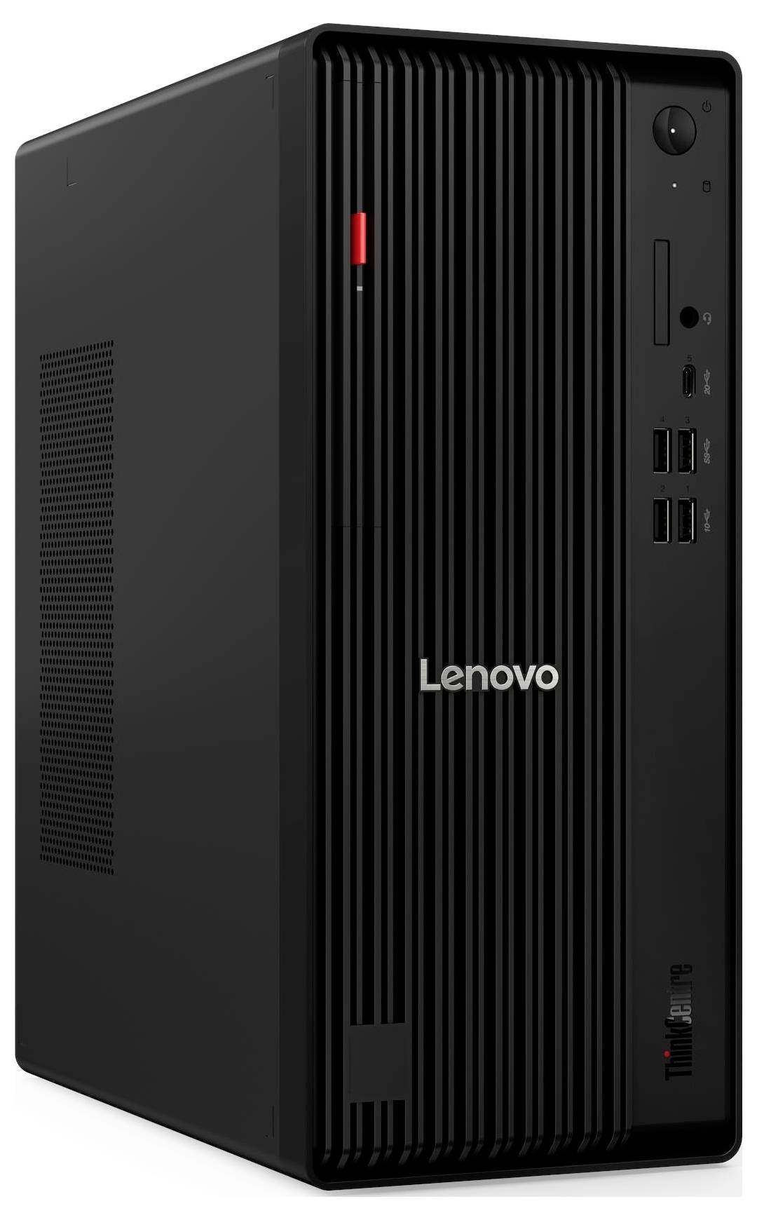 Schwarzer Lenovo-Desktop-Computerturm mit vertikalen Lüftungsschlitzen und markiertem Logo an der Vorderseite; USB-Anschlüsse und Einschaltknopf sind sichtbar.