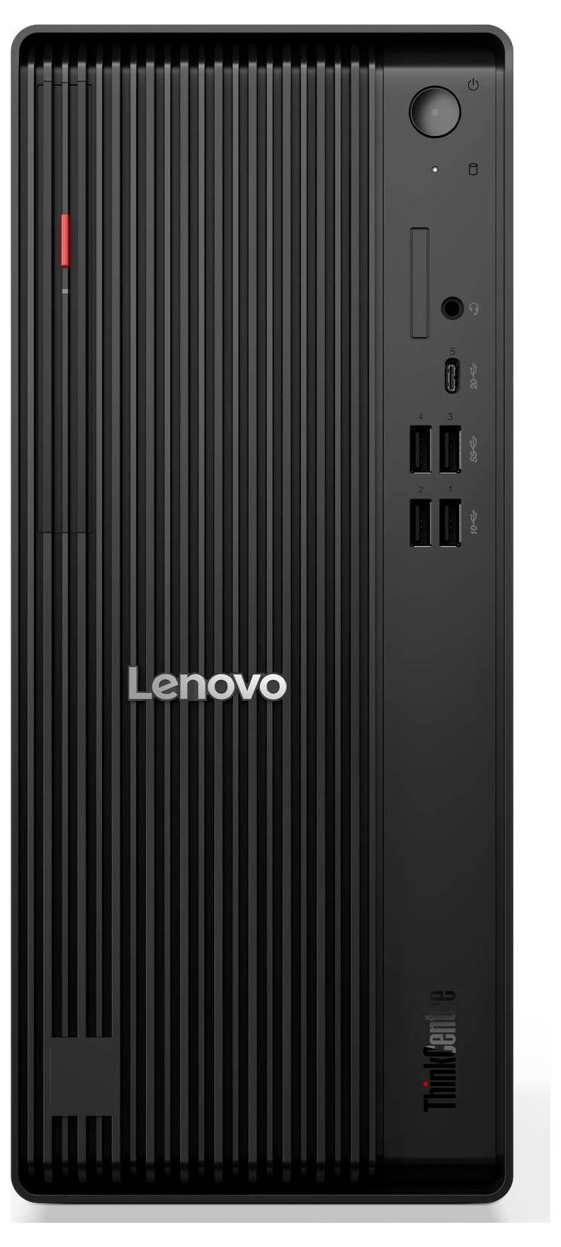 Ein schwarzer Lenovo Desktop-Tower mit vertikalen Rillen, Einschaltknopf, DVD-Laufwerk und mehreren frontseitigen USB- und Audioports.