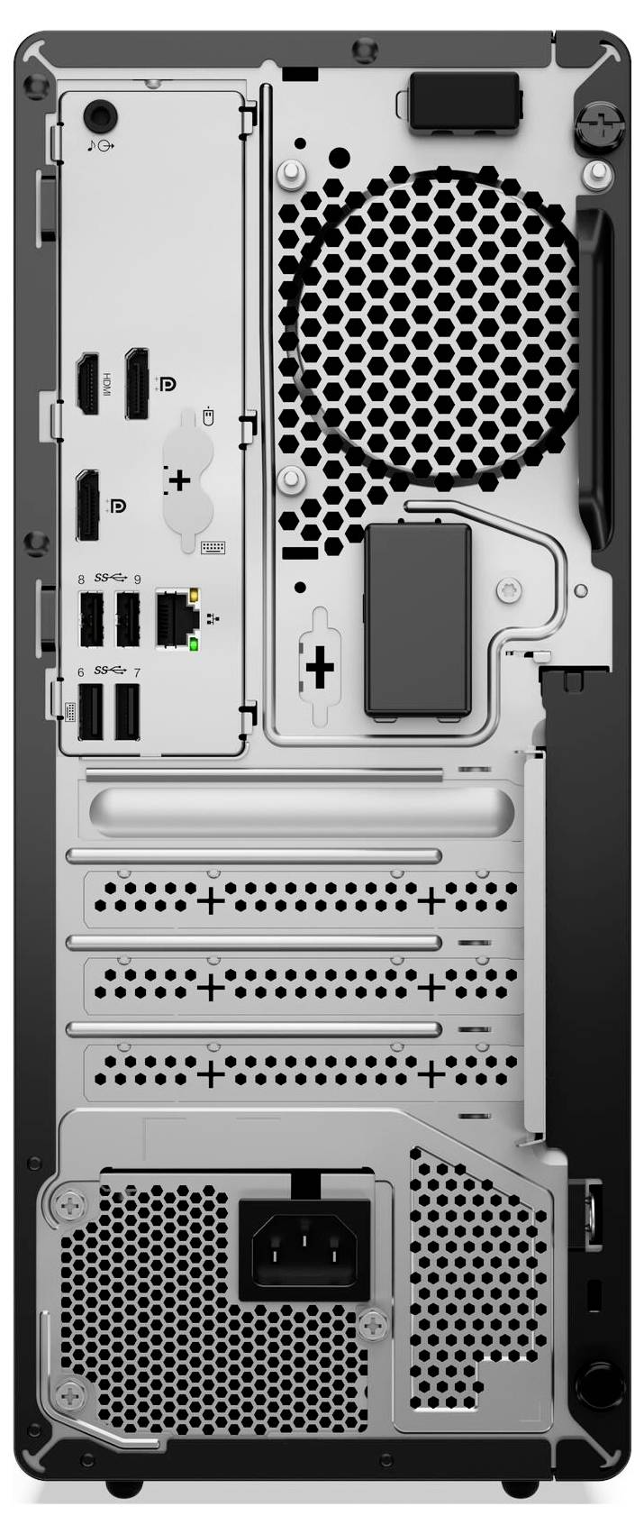 Das Bild zeigt das Rückpanel eines Desktop-Computergehäuses mit verschiedenen Anschlüssen, einem Kühlventilator und einem Netzteil.