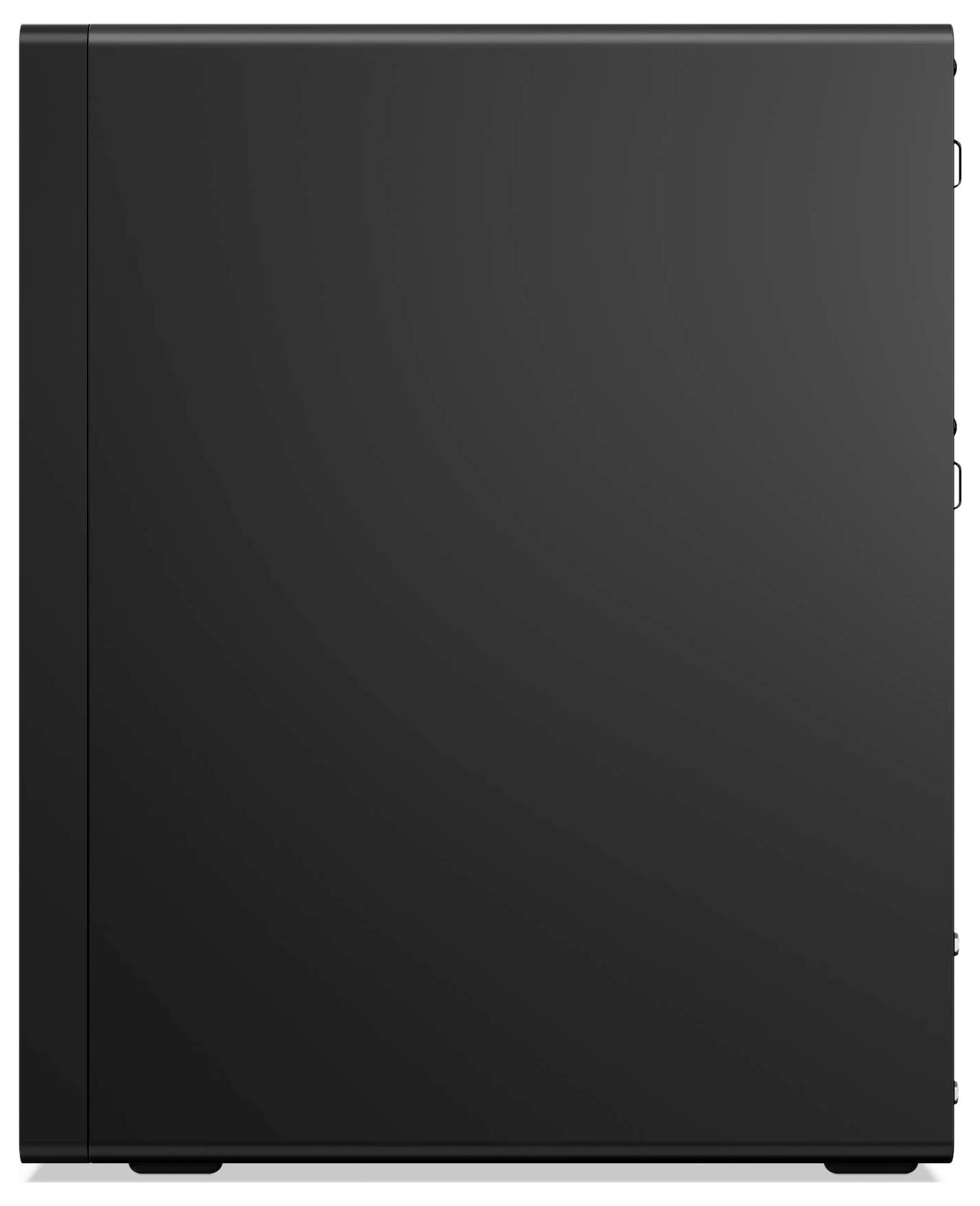 Ein schlanker, schwarzer Computertower mit minimalistischem Design wird von der Seite gezeigt, wobei seine glatte Oberfläche und scharfen Kanten betont werden.