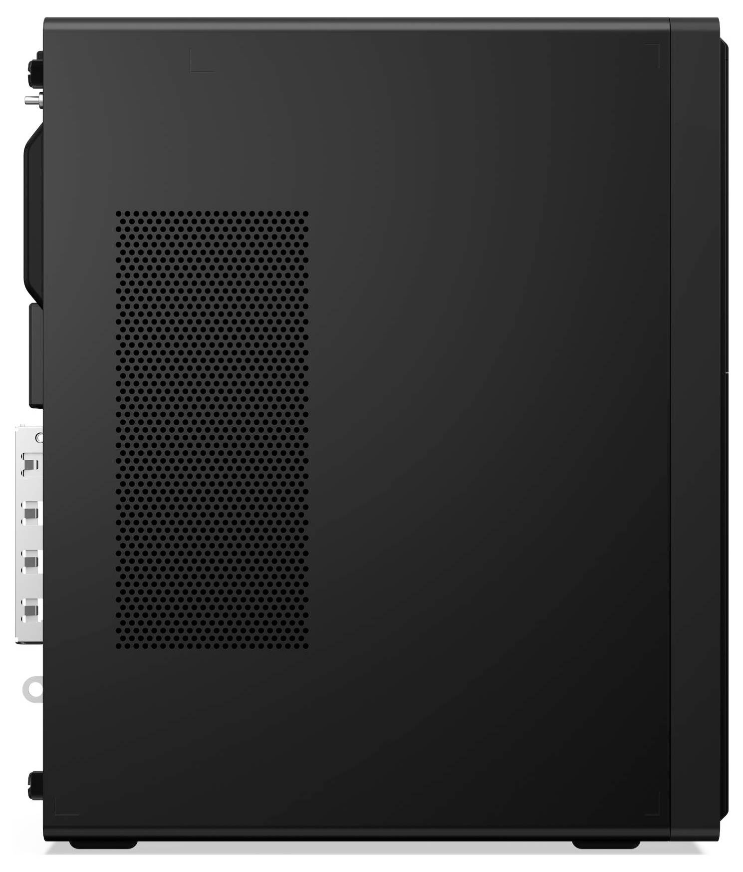 Ein schwarzes Computer-Gehäuse mit einer seitlichen Lüftungsblende und sichtbaren Rückports, das für die Aufnahme von PC-Komponenten konzipiert ist.