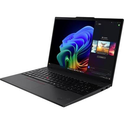 Ein schlankes Laptop, das in einem Winkel geöffnet ist und eine farbenfrohe Anzeige mit Betriebssystem-Benutzeroberfläche und verschiedenen sichtbaren Anwendungen auf dem Bildschirm zeigt.