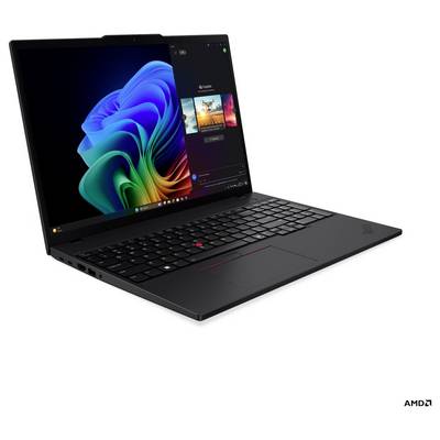 Ein schwarzer Laptop, der ein buntes abstraktes Design auf dem Bildschirm zeigt, mit einem geöffneten Anwendungsfenster an der Seite.