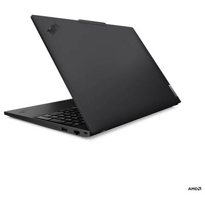 Ein schwarzer Laptop mit sichtbarer Tastatur und Rückseite, mit einem dezenten Scharnierdesign, auf einem weißen Hintergrund platziert.