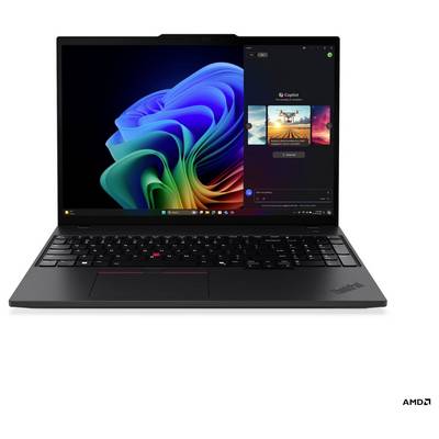 Ein schwarzer Laptop, der ein buntes abstraktes Hintergrundbild und ein Chat-Fenster auf seinem Bildschirm zeigt, mit einer schwarzen Tastatur und einem roten Trackpoint.