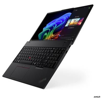 Ein schwarzer Laptop mit einem Bildschirm, auf dem ein bunter abstrakter Hintergrund und ein Fotobearbeitungsprogramm zu sehen sind. Er verfügt über eine Tastatur mit einem roten Trackpoint.