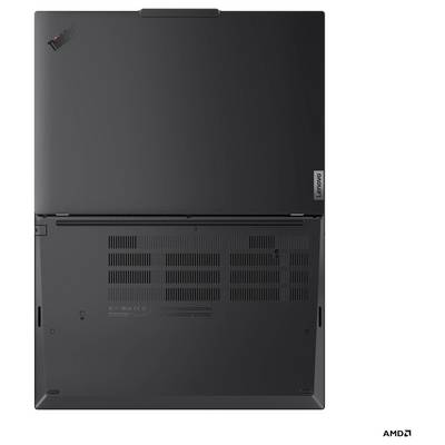 Rückansicht eines geschlossenen Lenovo ThinkPad E14 Gen 5 Laptops, die Lüftungsschlitze und Markenkennzeichen auf einem eleganten schwarzen Design zeigt.