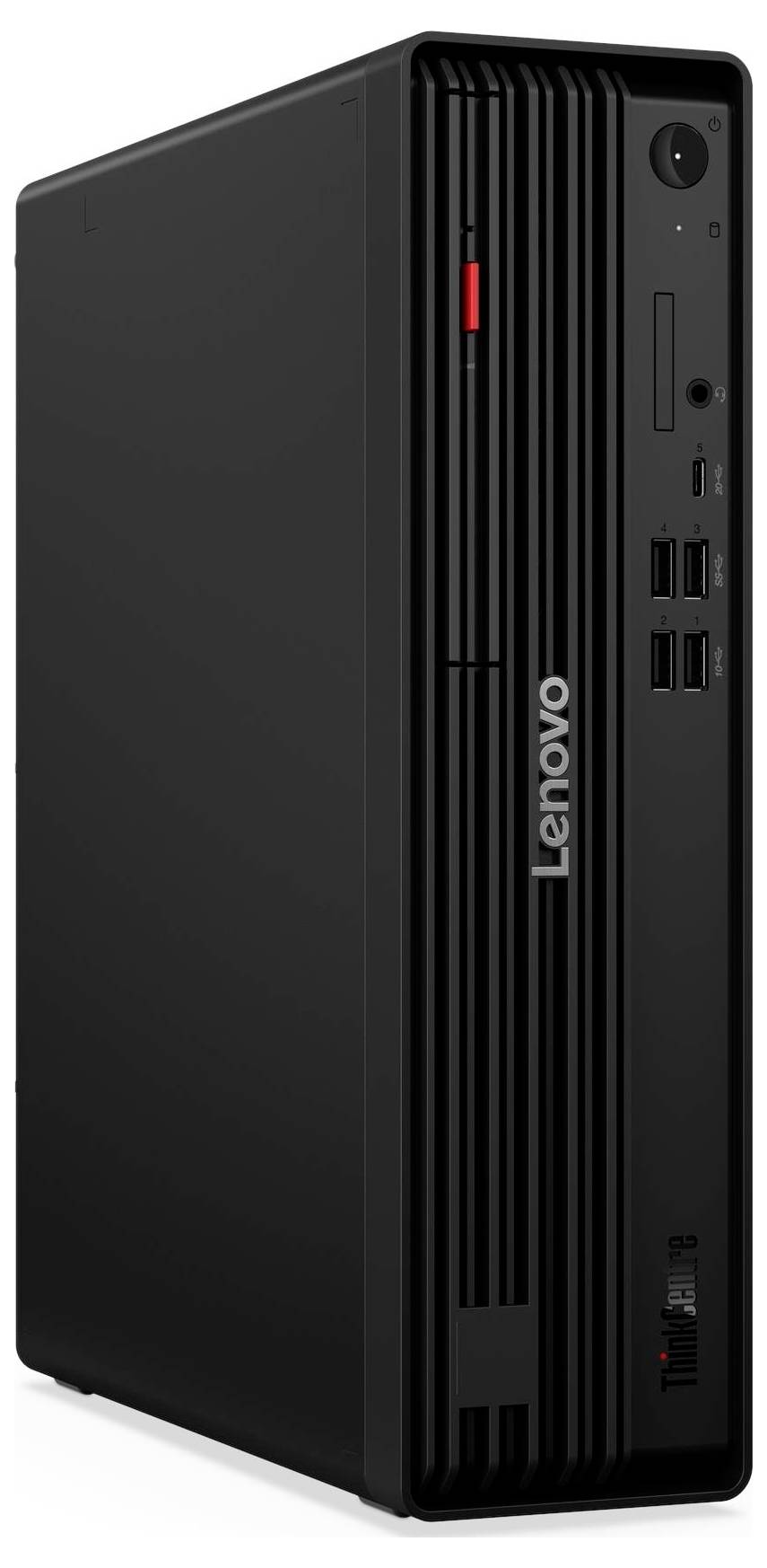 Ein schwarzer Lenovo-Desktop-Tower mit einem vertikalen roten Akzent und mehreren Anschlussmöglichkeiten auf der Frontplatte.
