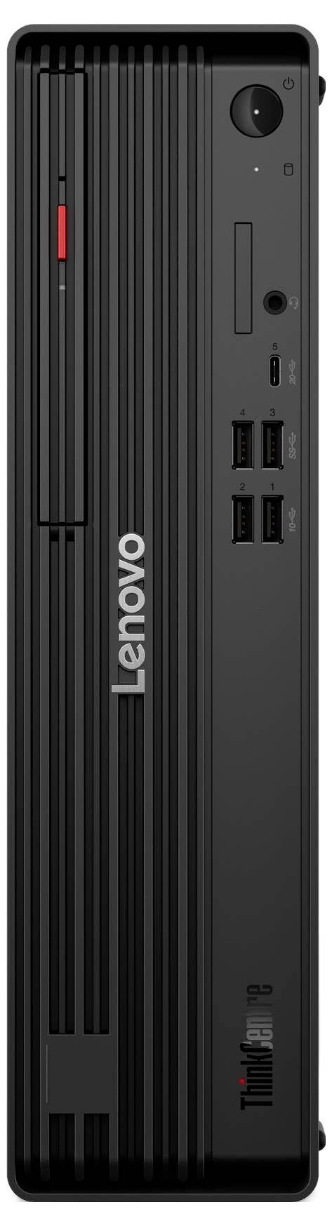 Ein schwarzer Desktop-Computerturm mit USB-Anschlüssen, Audioeingang, Einschaltknopf und Lenovo-Logo, von vorne betrachtet.