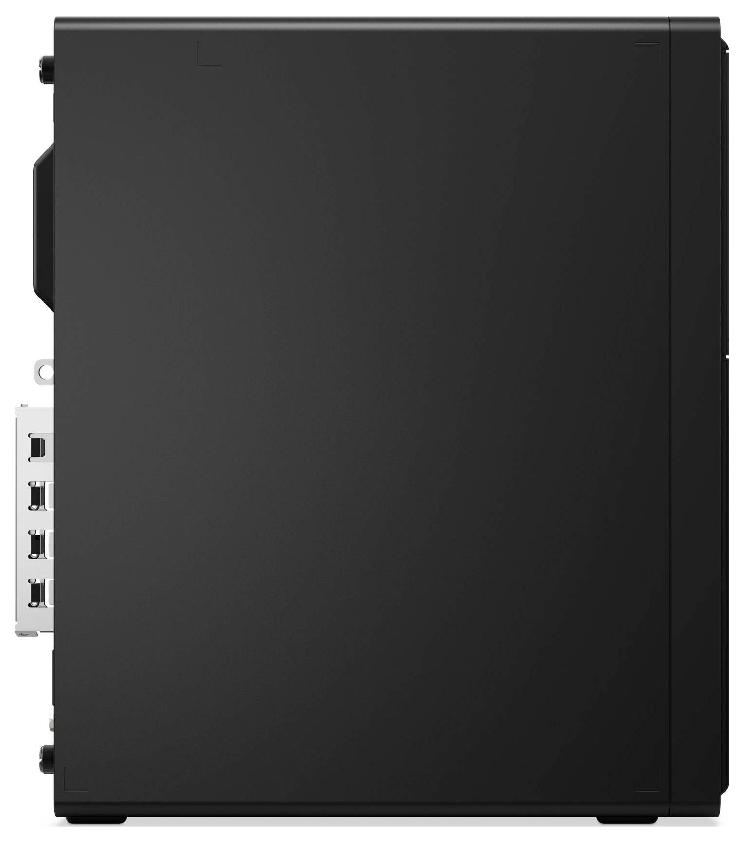 Das Bild zeigt die Seitenansicht eines schwarzen Desktop-Computergehäuses und hebt dessen schlankes Design und verschiedene Anschlüsse auf der Rückseite für Konnektivität hervor.