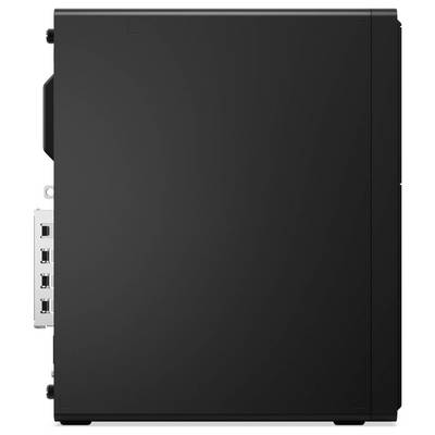 Das Bild zeigt die Seitenansicht eines schwarzen Desktop-Computergehäuses und hebt dessen schlankes Design und verschiedene Anschlüsse auf der Rückseite für Konnektivität hervor.