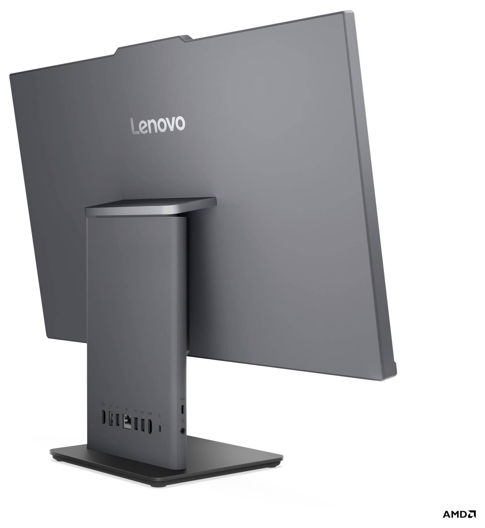 Ein schlanker, moderner Lenovo-Monitor mit einem robusten Ständer, der mehrere Anschlüsse an der Rückseite zeigt und vielseitige Verbindungsmöglichkeiten andeutet.