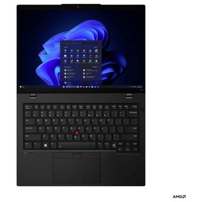 Ein Laptop mit einem beleuchteten Bildschirm, der eine Desktop-Oberfläche zeigt, mit Startmenü und verschiedenen Anwendungssymbolen. Tastatur und Touchpad sind sichtbar.