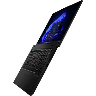 Ein schwarzer Laptop, der ein Windows-Betriebssystem anzeigt und in einem leichten Winkel geneigt ist. Der Bildschirm zeigt das Startmenü mit sichtbaren App-Symbolen.