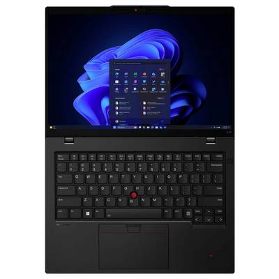 Laptop mit einer Tastatur mit Hintergrundbeleuchtung und einem Windows 11 Startbildschirm, der App-Symbole zeigt.
