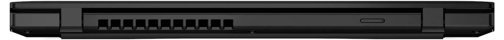 Das Bild zeigt die Rückansicht eines geschlossenen schwarzen Laptops mit sichtbaren Lüftungsschlitzen an der linken Seite.