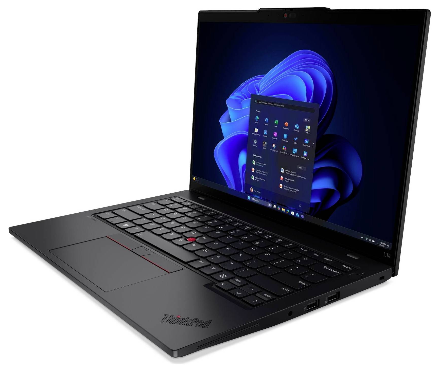 Ein schwarzer Laptop mit dem Windows 11 Startbildschirm wird gezeigt, der ein schlankes Design und eine beleuchtete Tastatur aufweist.