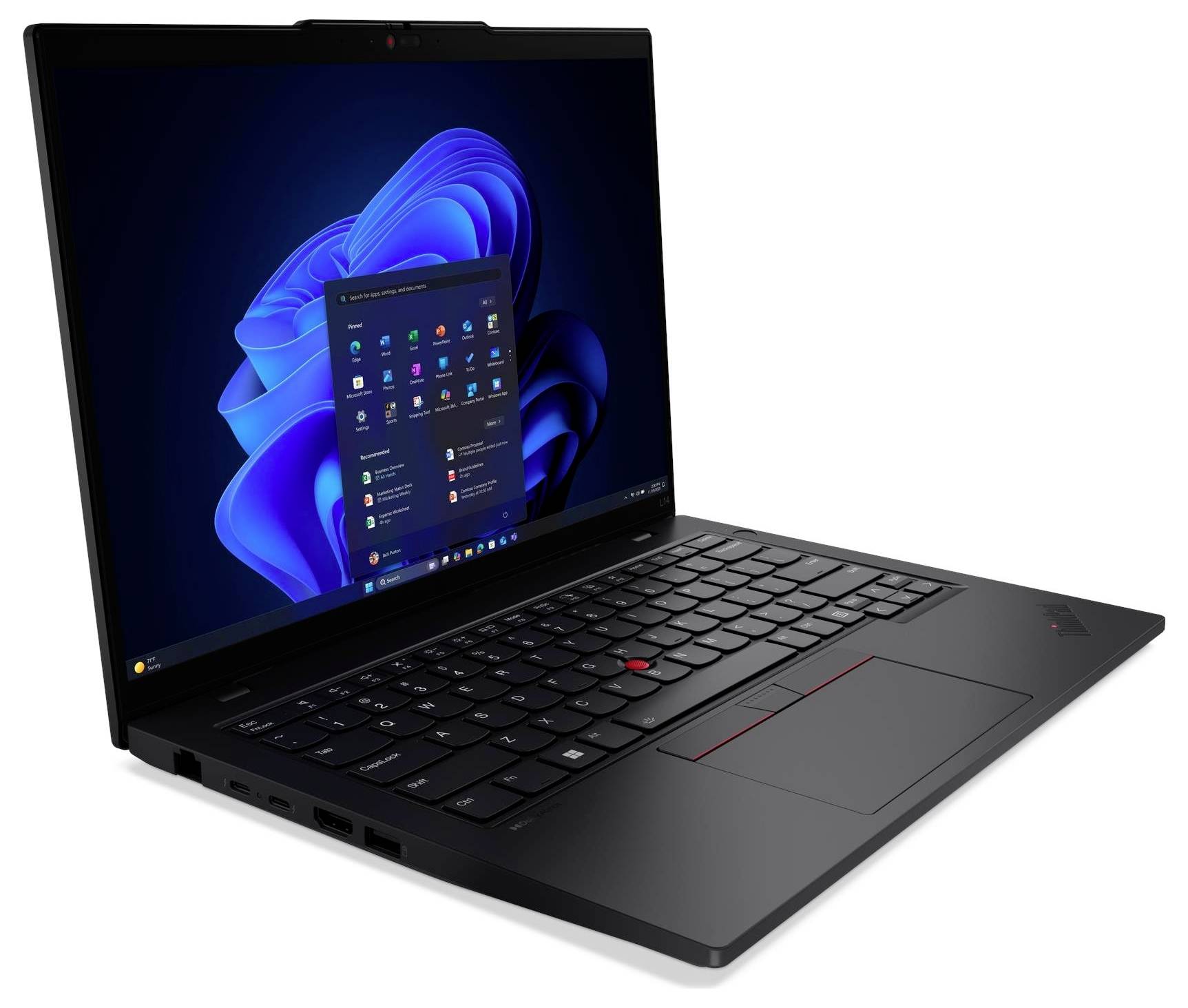 Ein schlankes schwarzes Laptop auf weißem Hintergrund, das einen blau-thematischen Betriebssystem-Startbildschirm mit sichtbarer Taskleiste und Symbolen zeigt.