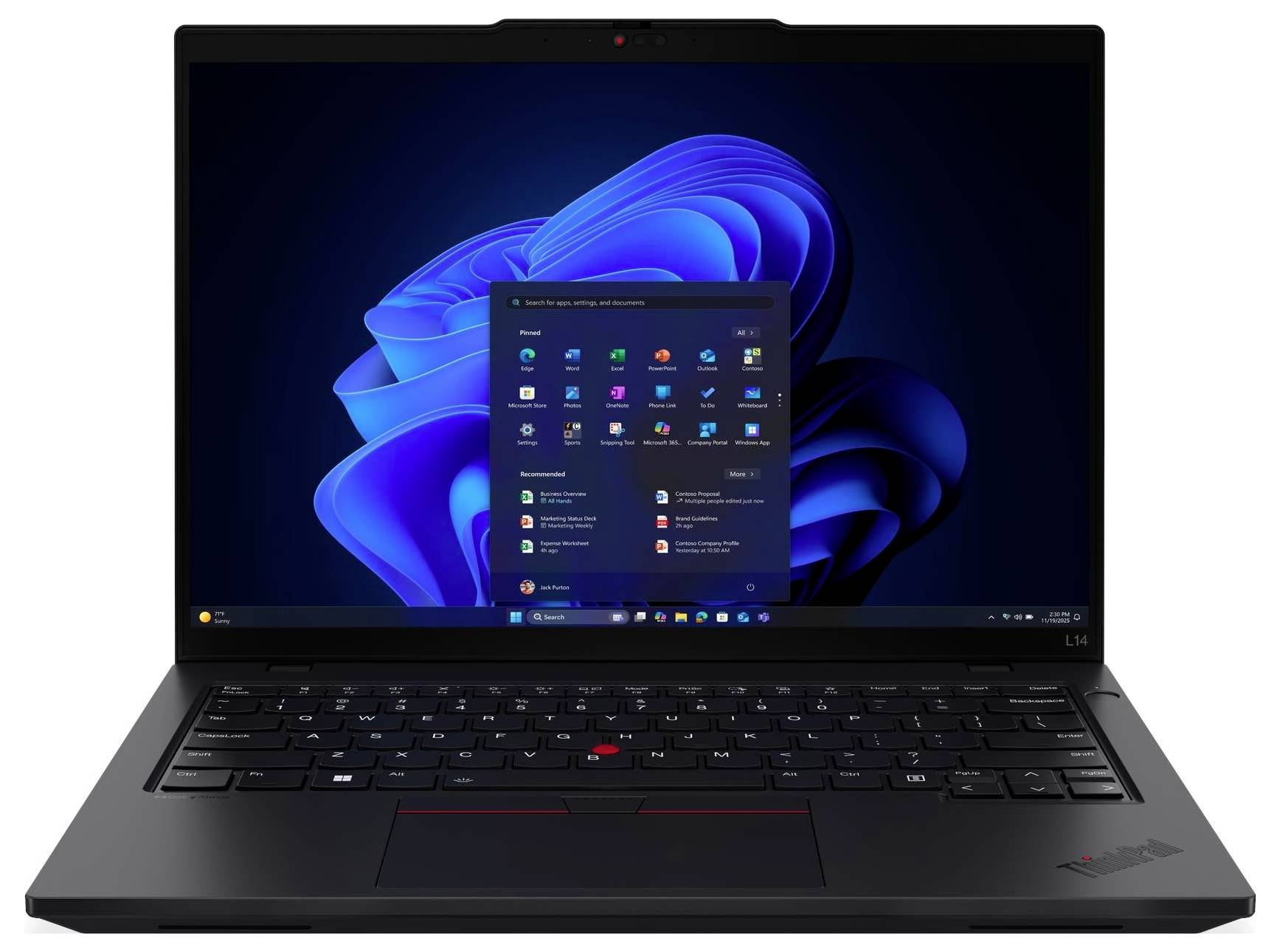 Ein schwarzer Laptop zeigt einen Windows 11 Startbildschirm mit geöffnetem Startmenü, das verschiedene App-Symbole anzeigt.