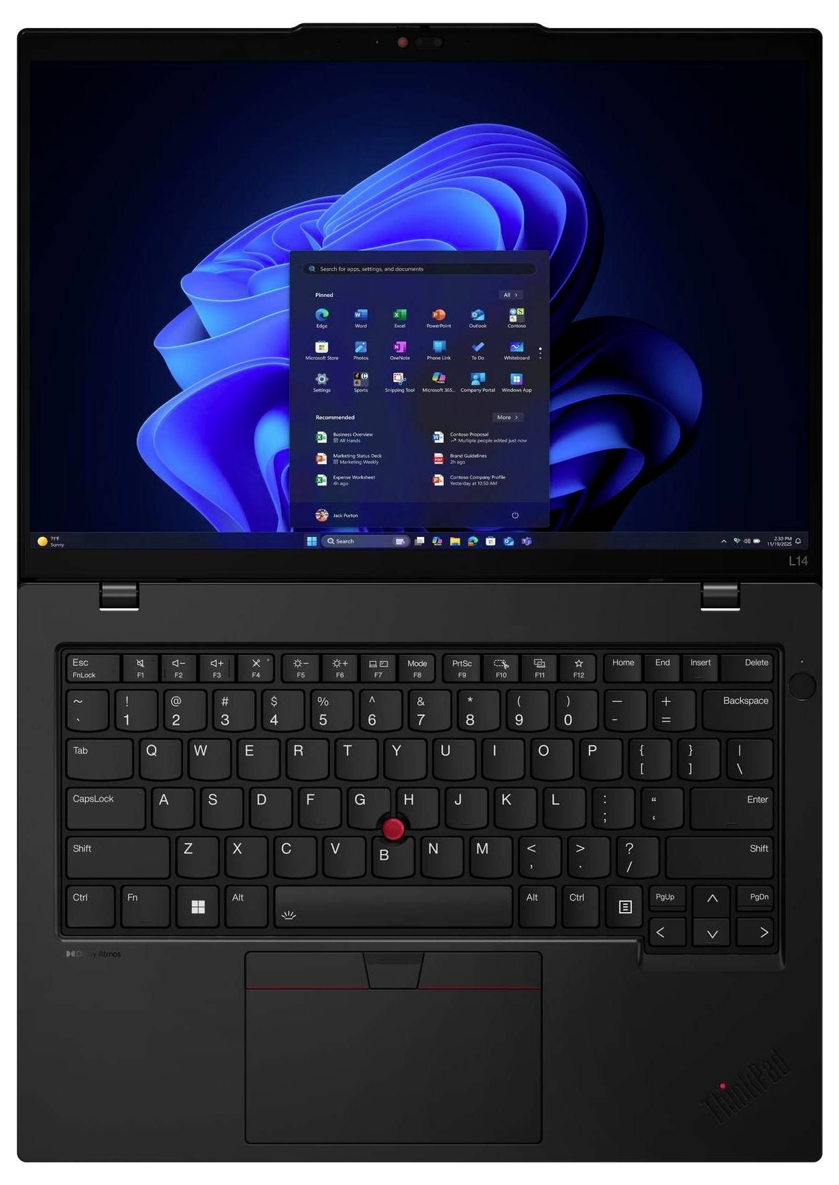 Ein schwarzer Laptop mit einer sichtbaren Tastatur und einem Bildschirm, auf dem die Windows-Betriebssystemoberfläche und ein Startmenü zu sehen sind.