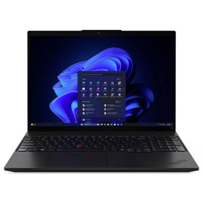 Ein Laptop, der den Windows-Desktop-Bildschirm mit Symbolen und einem leuchtend blauen abstrakten Hintergrund zeigt.