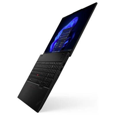 Ein schwarzer Laptop, der eine Windows-Betriebssystemoberfläche zeigt, von der Seite präsentiert mit leicht geöffnetem Bildschirm, wobei das schlichte Design betont wird.