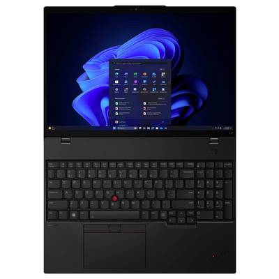 Ein Laptop, der das Windows 11-Startmenü auf dem Bildschirm anzeigt, mit einer Tastatur, die einen roten Pointing Stick und zwei Maustasten besitzt.
