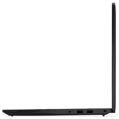 Ein schlanker, schwarzer Laptop, der in einem rechten Winkel geöffnet ist, von der Seite betrachtet, wobei sein dünnes Profil und zwei sichtbare USB-Anschlüsse zu sehen sind.