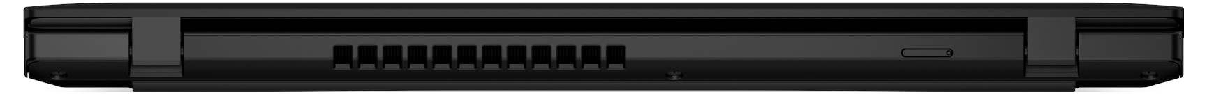 Ein schwarzer Laptop von hinten betrachtet, mit Lüftungsschlitzen und einem Ladeanschluss auf der rechten Seite.