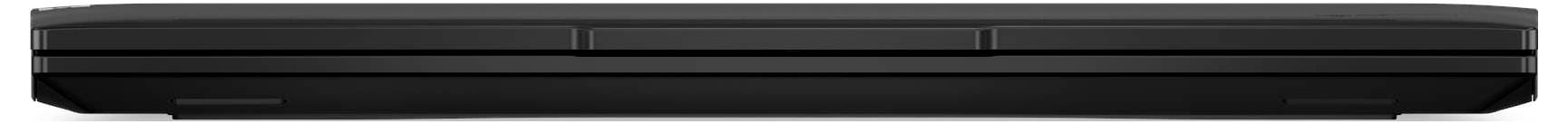 Ein geschlossener, schwarzer, rechteckiger Laptop, von der Seite betrachtet, der ein dünnes und schlankes Design zeigt.