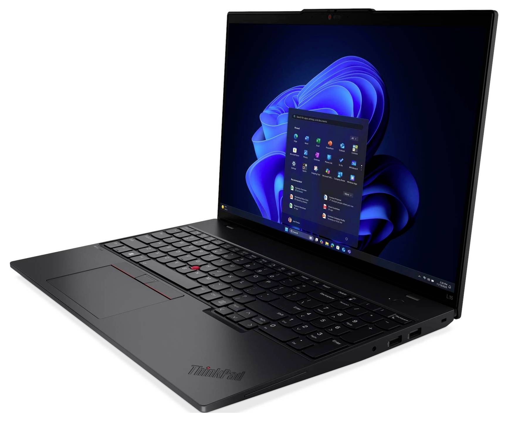 Ein schlankes schwarzes Laptop, das das Windows-Betriebssystem anzeigt, mit dem geöffneten 'Start'-Menü auf dem Bildschirm.