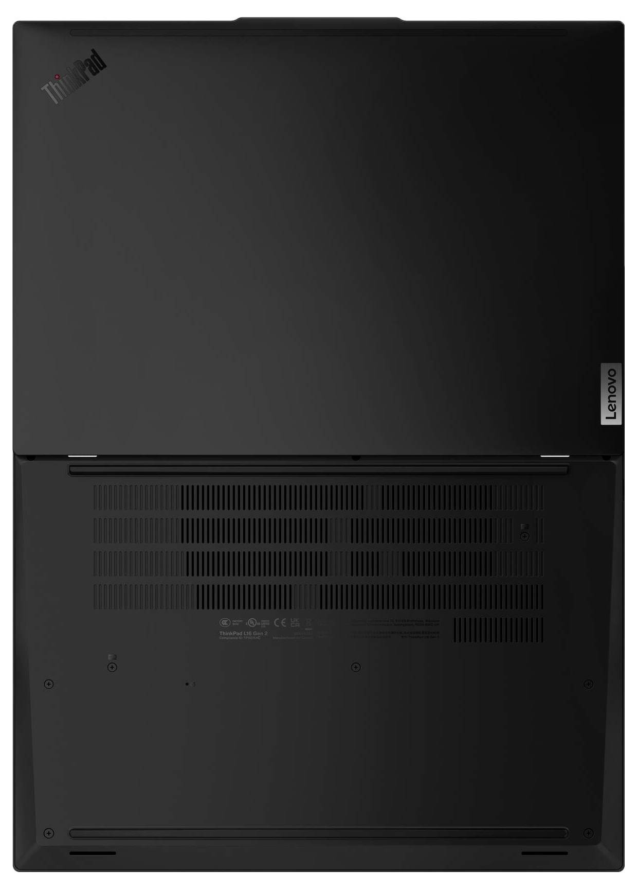 Das Bild zeigt die Rückseite eines geschlossenen Lenovo ThinkPad Laptops mit Lüftungsschlitzen zur Kühlung und Markenetiketten.