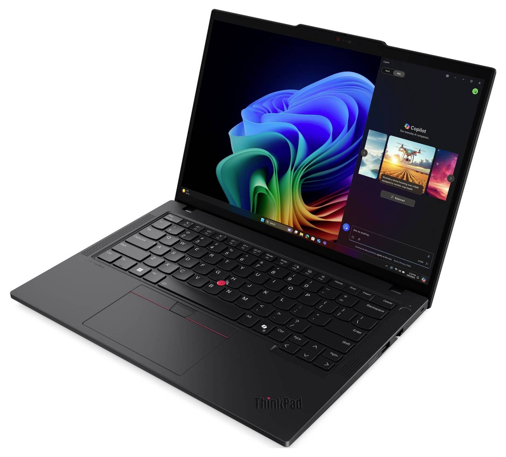 Ein Laptop mit einem bunten, abstrakten Hintergrund auf dem Bildschirm. Rechts zeigt eine Musik-App Albumcover und Wiedergabesteuerungen.