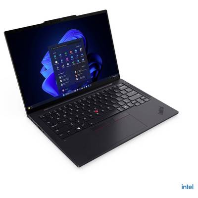 Ein schlankes schwarzes Laptop mit einem Windows 11 Startbildschirm, ausgestattet mit einer beleuchteten Tastatur und einem ThinkPad-Logo, in einem leichten Winkel positioniert.