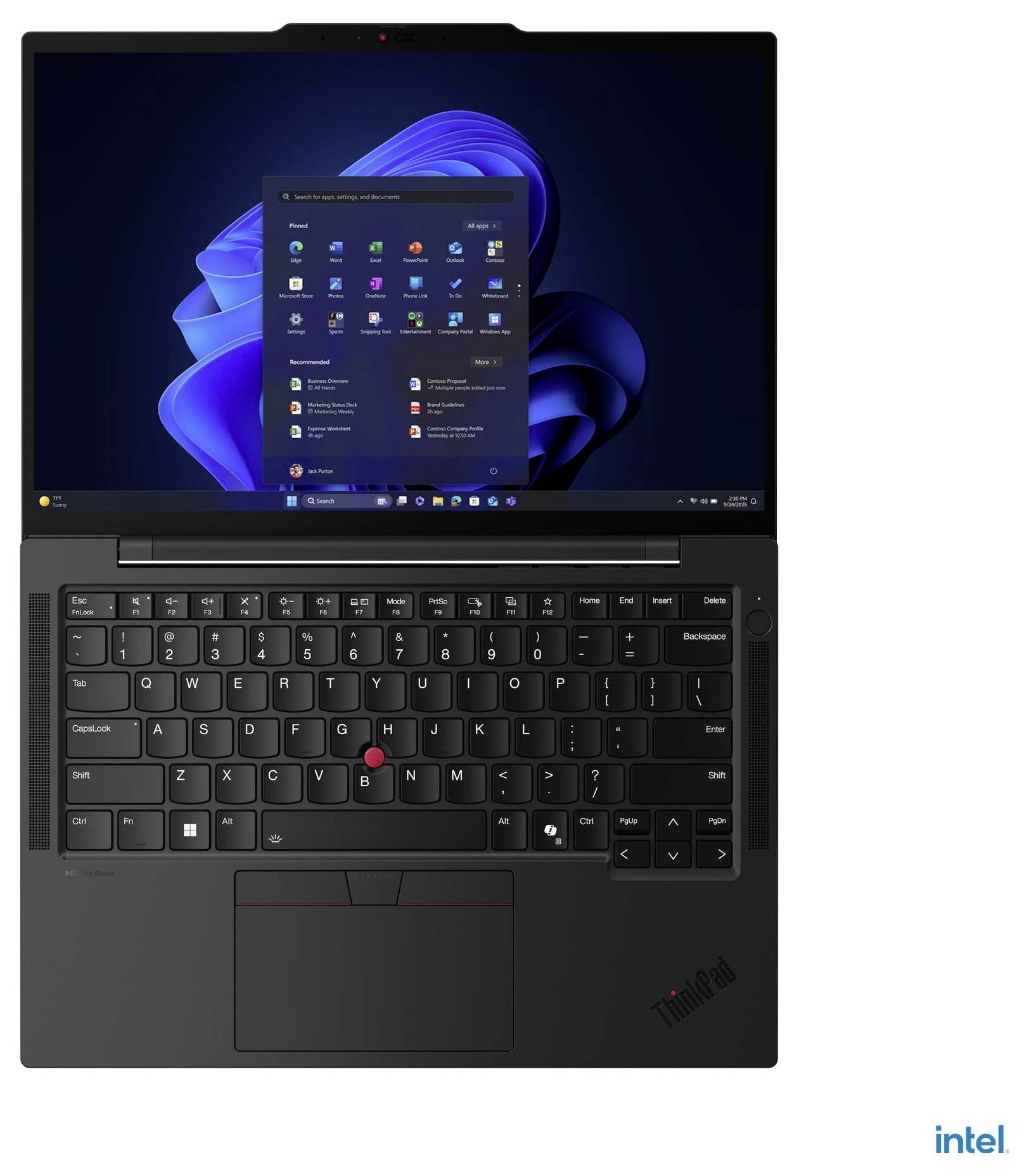 Ein schwarzer Laptop mit einem Windows 11 Startbildschirm, auf dem Symbole und eine Taskleiste zu sehen sind. Der Laptop verfügt über eine vollständige Tastatur und ein Touchpad.