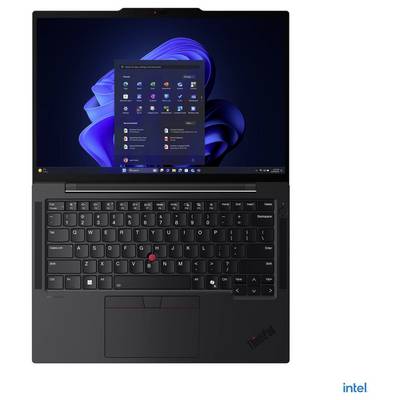 Ein schwarzer Laptop mit einem Windows 11 Startbildschirm, auf dem Symbole und eine Taskleiste zu sehen sind. Der Laptop verfügt über eine vollständige Tastatur und ein Touchpad.