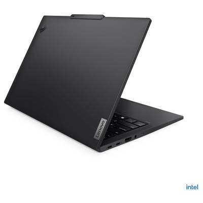 Ein schlanker, teilweise geöffneter schwarzer Laptop, der seine seitlichen Anschlüsse und das Logo präsentiert, positioniert vor einem weißen Hintergrund mit einem Intel-Logo in der Ecke.