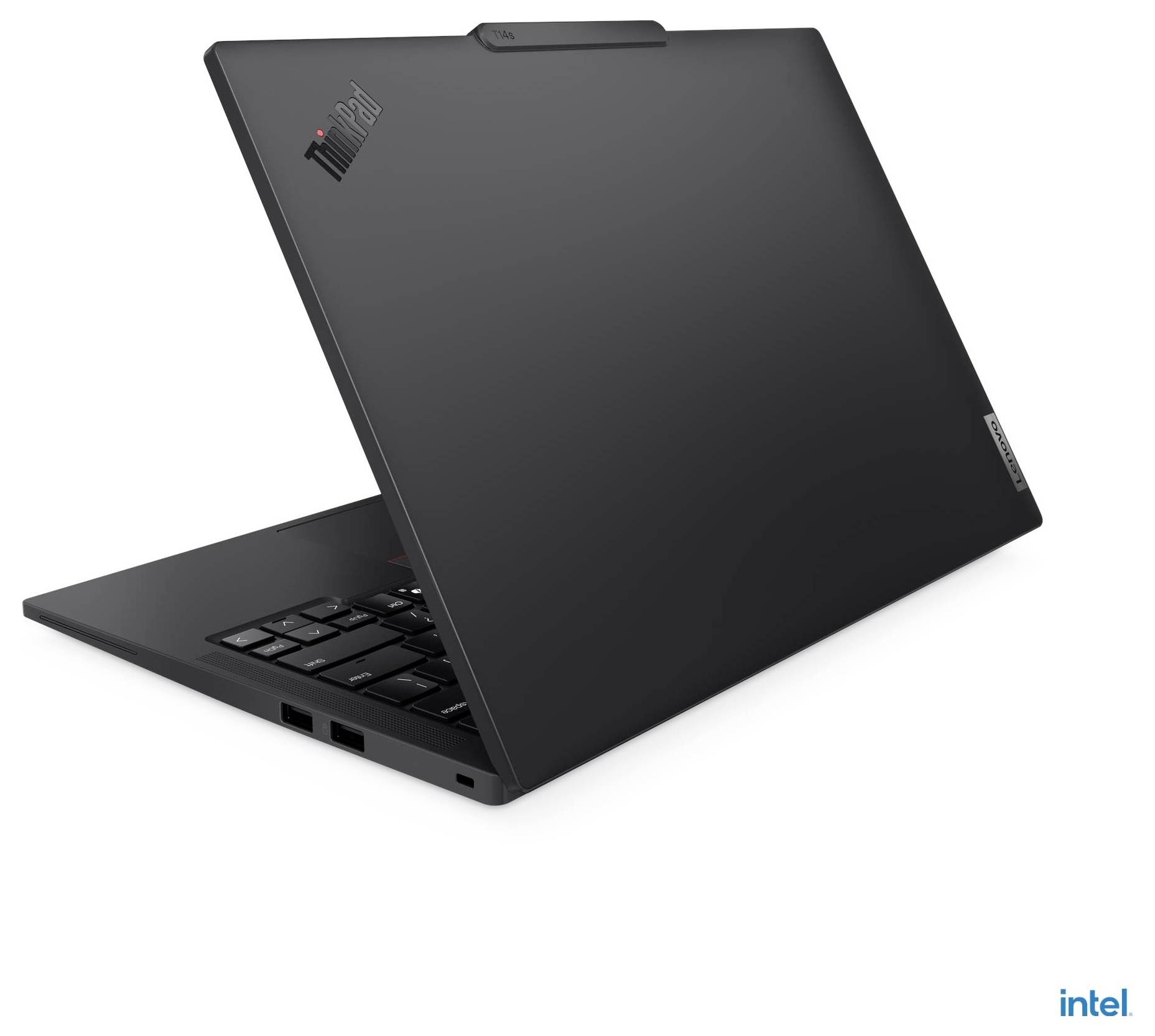 Geöffneter schwarzer Laptop mit teilweise sichtbarer Tastatur, mit 'ThinkPad'- und 'Lenovo'-Logos auf dem Deckel, vor einem schlichten weißen Hintergrund.