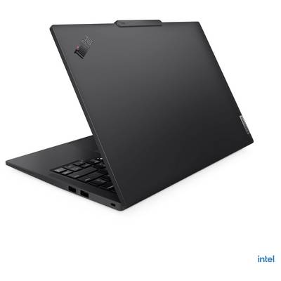 Geöffneter schwarzer Laptop mit teilweise sichtbarer Tastatur, mit 'ThinkPad'- und 'Lenovo'-Logos auf dem Deckel, vor einem schlichten weißen Hintergrund.