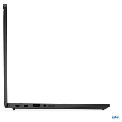 Ein schlanker Laptop aus Seitenansicht, der sein dünnes Profil und Anschlüsse wie USB und HDMI präsentiert.