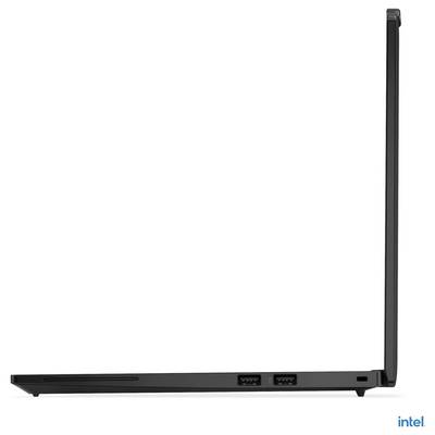 Seitenansicht eines geöffneten schwarzen Laptops mit zwei USB-Anschlüssen, die auf der rechten Seite sichtbar sind, und einem 'Intel'-Logo in der Ecke.
