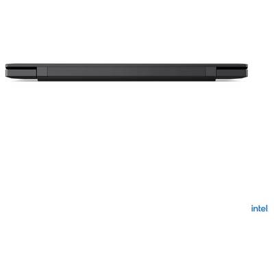 Ein schlanker, geschlossener schwarzer Laptop von der Seite, der sein elegantes Design präsentiert. Das Intel-Logo ist in der unteren rechten Ecke sichtbar.