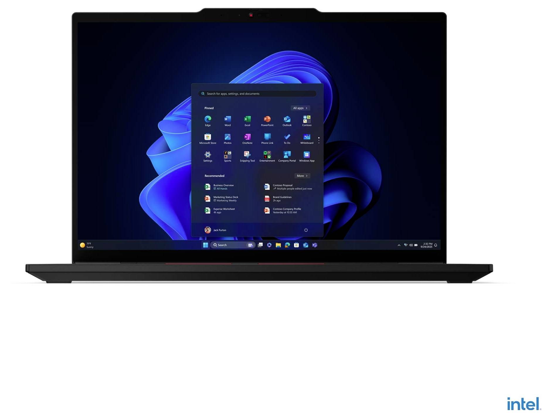 Ein Laptop, der einen Windows-Betriebssystem-Startbildschirm mit App-Symbolen zeigt, vor einem dunklen abstrakten Hintergrund. Intel-Logo unten rechts.