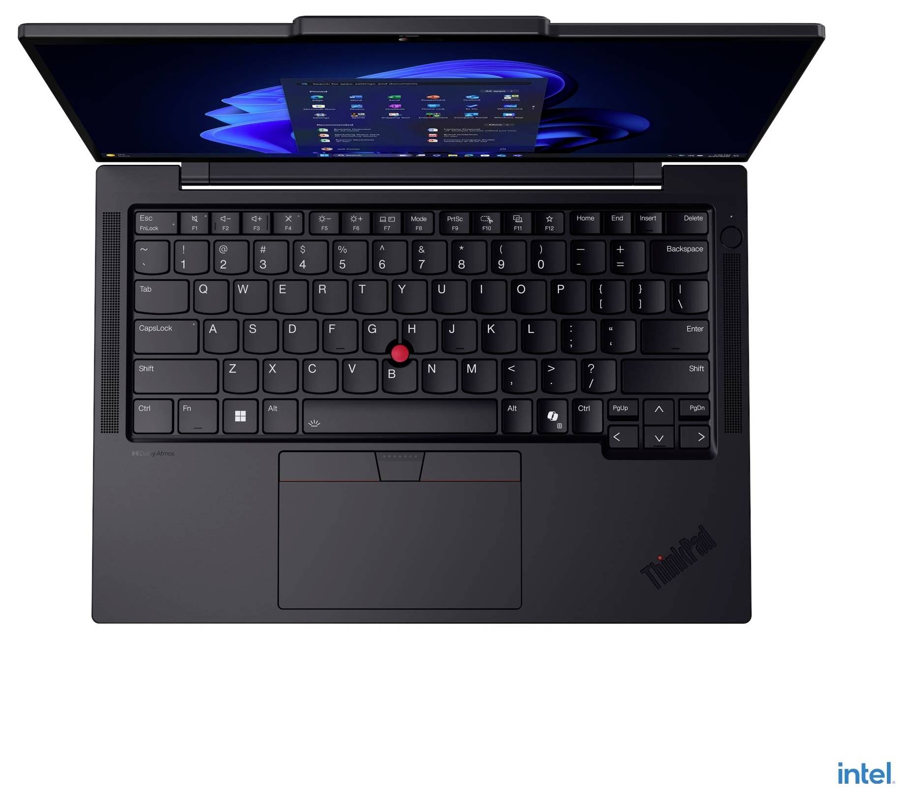 Draufsicht eines geöffneten Laptops mit Tastatur und Touchpad, der das Lenovo ThinkPad-Design mit einem roten TrackPoint präsentiert.