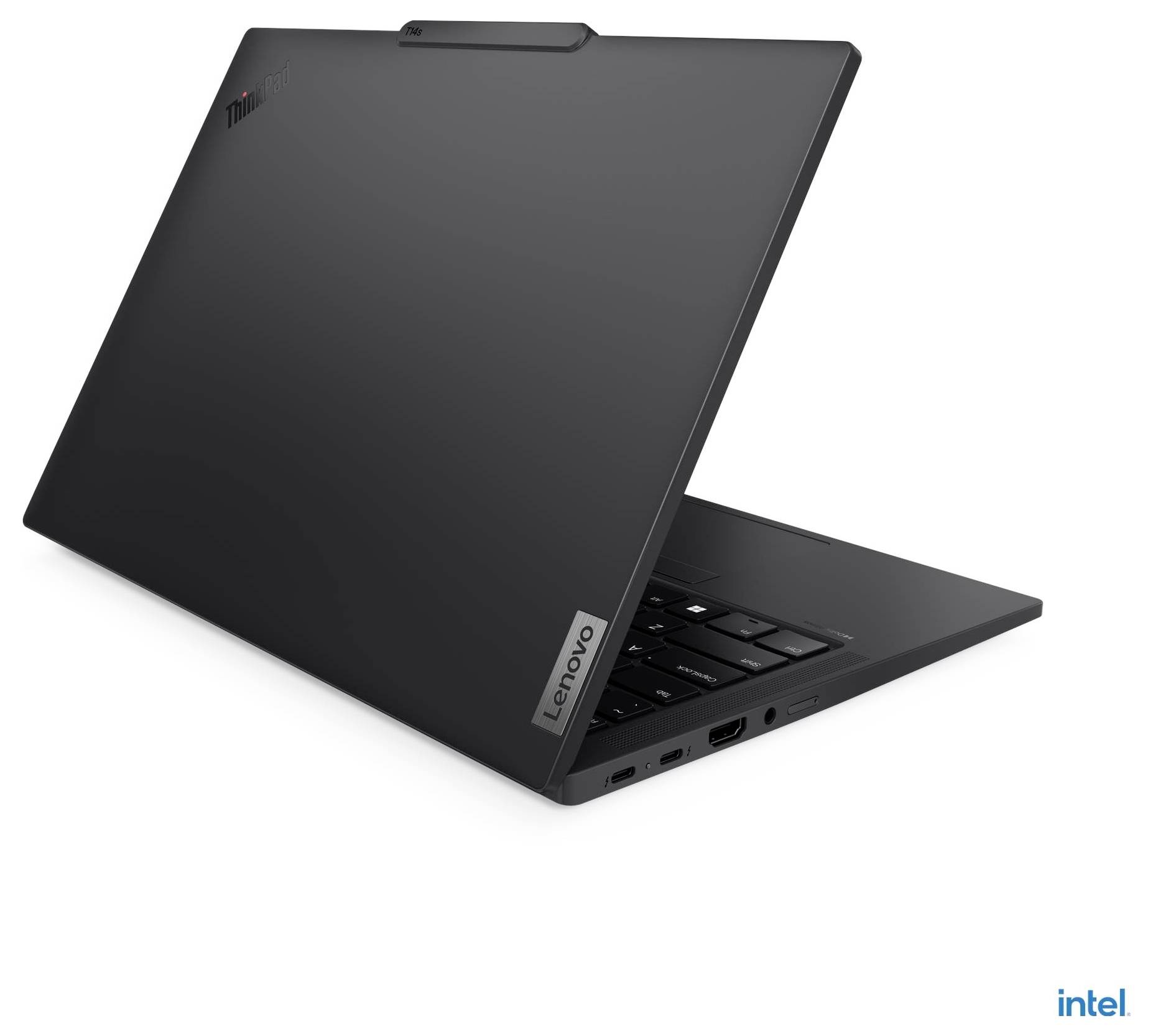 Schwarzer Lenovo-Laptop mit Intel-Branding, teilweise geöffnet, der das schlanke Design und die Tastatur zeigt. Modellname nicht sichtbar.