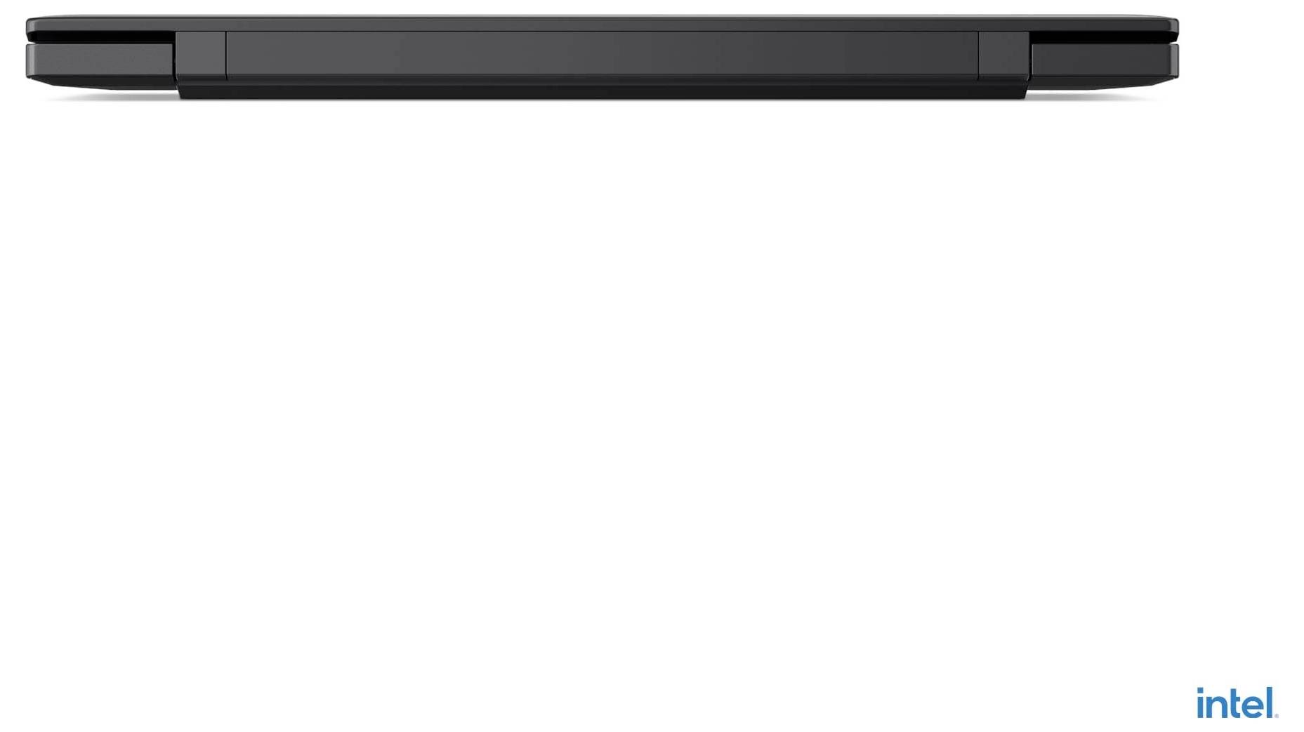 Ein schlanker, schwarzer Laptop, von der Seite gezeigt, um sein dünnes Design zu betonen. Intel-Logo in der unteren rechten Ecke.