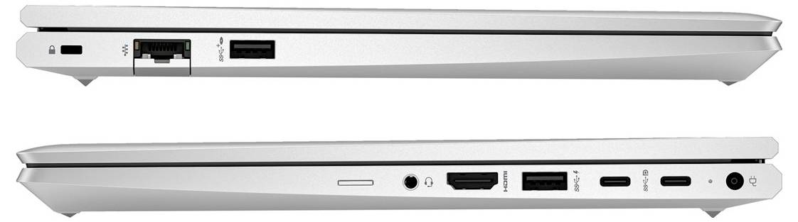 Seitenansicht eines silbernen Laptops, der verschiedene Anschlüsse wie USB, Ethernet, HDMI und Audioports auf seinen linken und rechten Seiten zeigt.