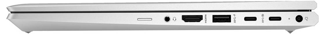 Seitenansicht eines schlanken Laptops mit verschiedenen Anschlüssen, darunter USB, HDMI, Thunderbolt und Kopfhörerbuchse, die die Konnektivitätsoptionen präsentiert.
