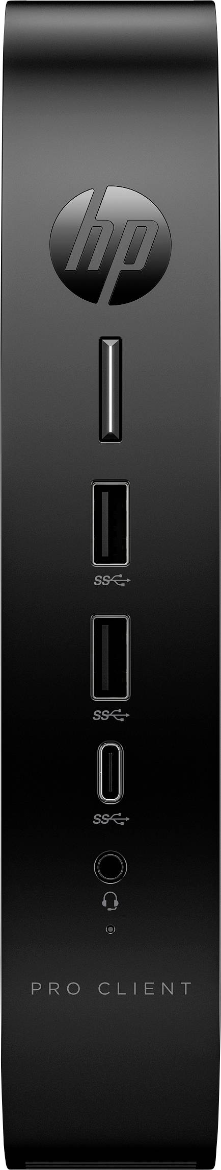 Ein schlankes, schwarzes Gerät mit vertikaler Ausrichtung, das das HP-Logo trägt, zwei USB-Anschlüsse, einen USB-C-Anschluss und einen Audioeingang auf der Vorderseite aufweist.