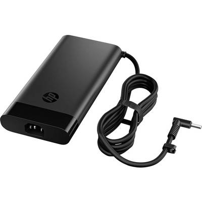 Schwarzer Laptop-Ladegerät mit einem Logo auf der Oberseite, ausgestattet mit einem dreiadrigen Netzstecker und einem Kabel, das in einem Winkel von 90 Grad endet.